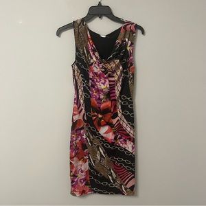 Cache Floral Chain Print Sleeveless Dress in Black, Pink, Red & Brown